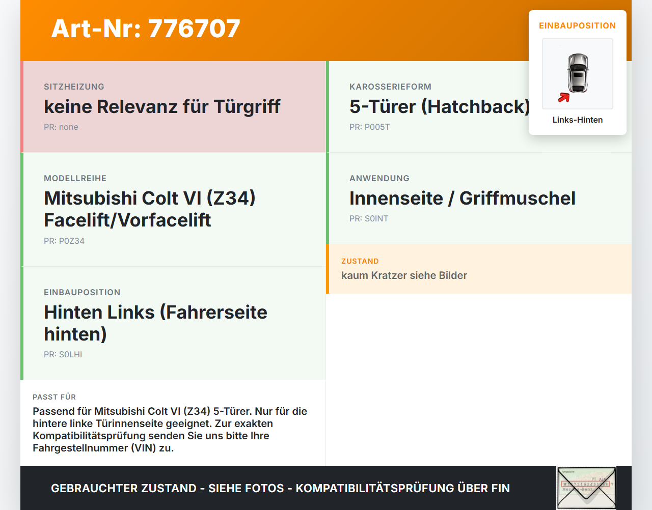 Mitsubishi Colt VI Z34 08-12 5T Türgriff Griffmuschel Griff Innen Links Hinten Mitsubishi Colt VI Z34 08-12... Vorschau 3