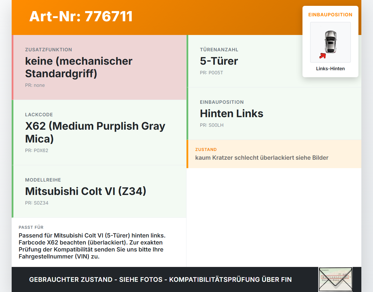 Mitsubishi Colt VI Z34 08-12 5T Türgriff Griff aussen Links Hinten X62 Mitsubishi Colt VI Z34 08-12 05.06.2010 gebraucht Vorschau 3