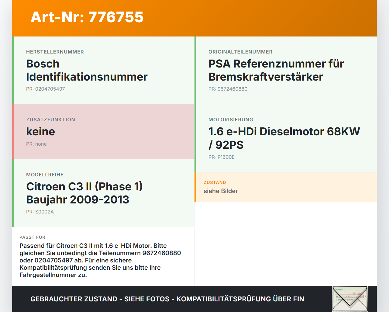 Citroen C3 II 09-13 eHDI 1.6 68KW Bremskraftverstärker Citroen C3 II 09-13 01.01.2011 9672460880 0204705497 gebraucht Vorschau 3