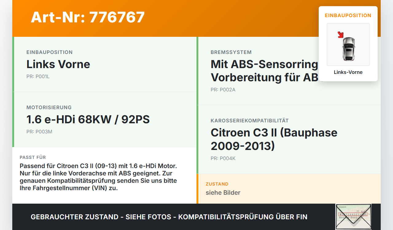 Citroen C3 II 09-13 eHDI 1.6 68KW Achsschenkel Radnabe mit ABS Links Vorne Citroen C3 II 09-13 01.01.2011 gebraucht Vorschau 3