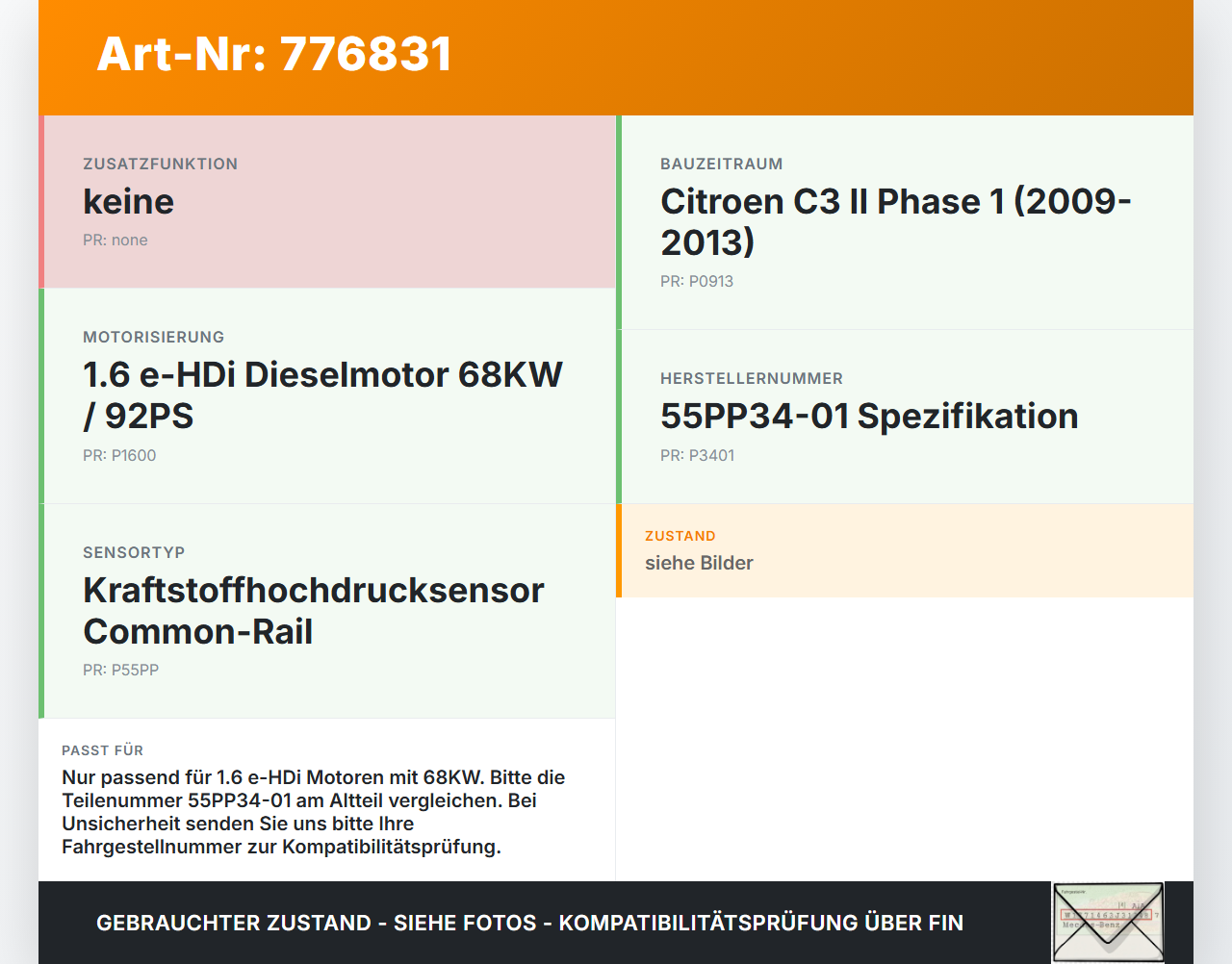 Citroen C3 II 09-13 eHDI 1.6 68KW Railsensor Drucksensor Citroen C3 II 09-13 01.01.2011 9670076780 55PP34-01 gebraucht Vorschau 3