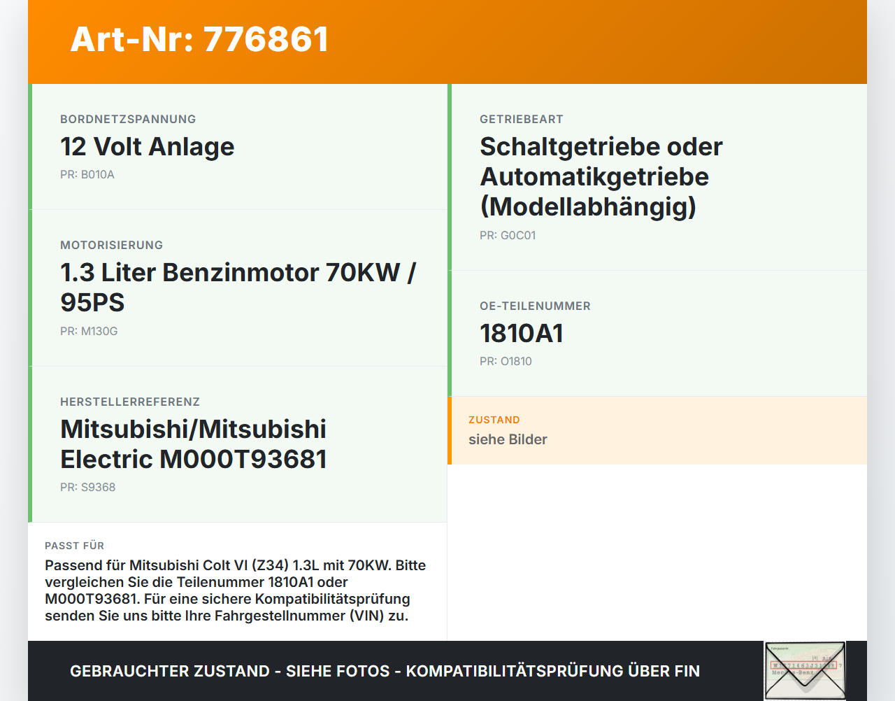 Mitsubishi Colt VI Z34 08-12 1,3 70KW Anlasser Starter Mitsubishi Colt VI Z34 08-12 05.06.2010 1810A1 M000T93681... Vorschau 3