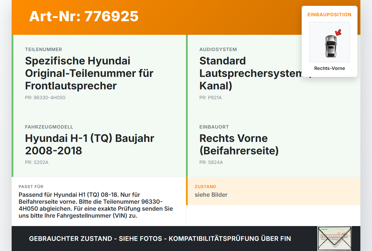 Hyundai H1 H-1 TQ 08-18 Lautsprecher Rechts Vorne Hyundai H1 H-1 TQ 08-18 28.07.2008 96330-4H050 gebraucht Vorschau 3