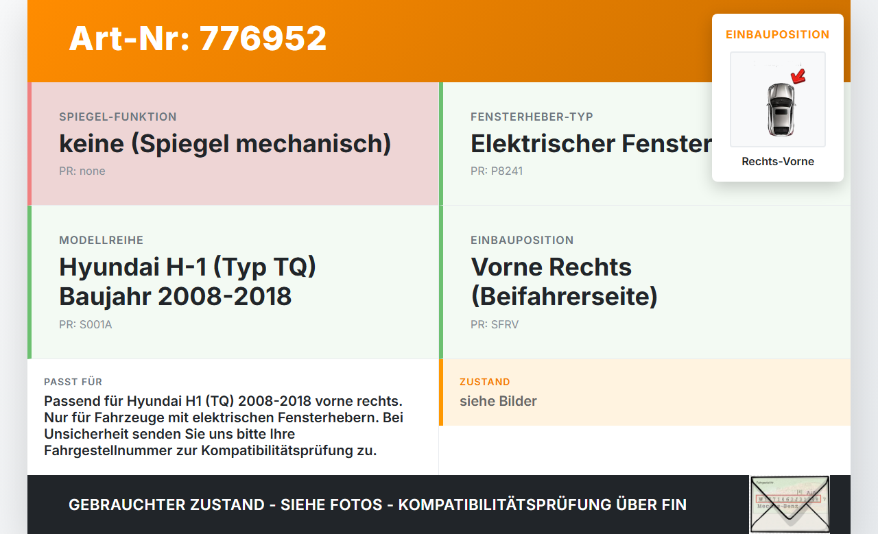 Hyundai H1 H-1 TQ 08-18 Cargo Fensterhebermotor mit Fensterheber Rechts Vorne Hyundai H1 H-1 TQ 08-18 28.07.2008... Vorschau 3