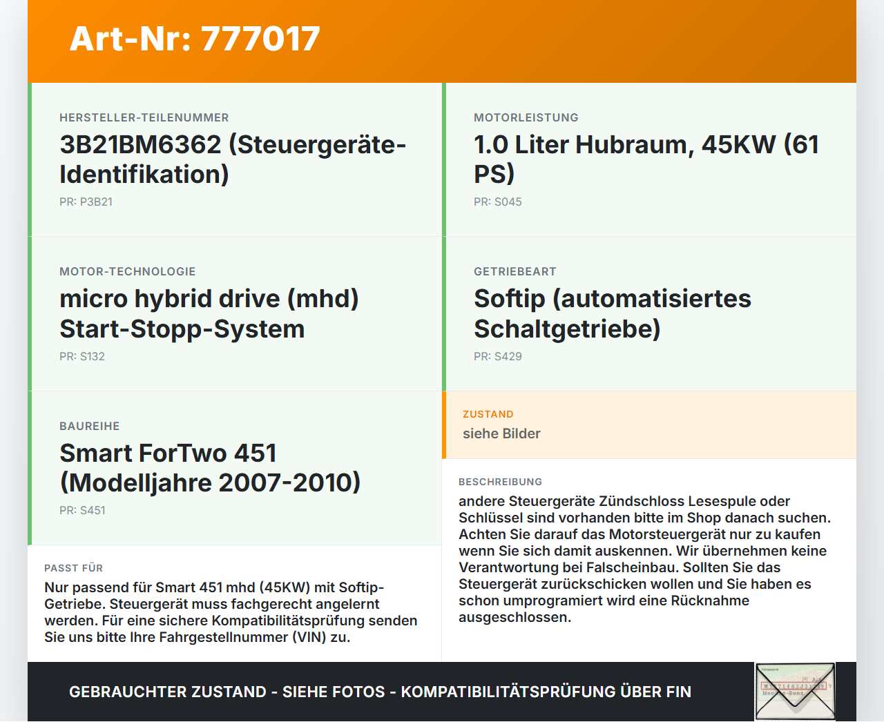 Smart ForTwo 451 07-10 mhd 1,0 45KW Steuergerät ECU für Motor Motorsteuergerät Smart ForTwo 451 07-10 16.07.2009... Vorschau 3