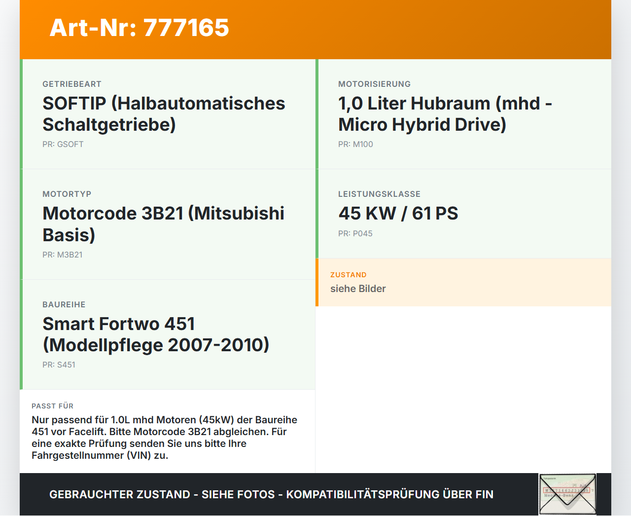Smart ForTwo 451 07-10 mhd 1,0 45KW 132910 Ölmessstab Öl Stab Smart ForTwo 451 07-10 16.07.2009 gebraucht Vorschau 3