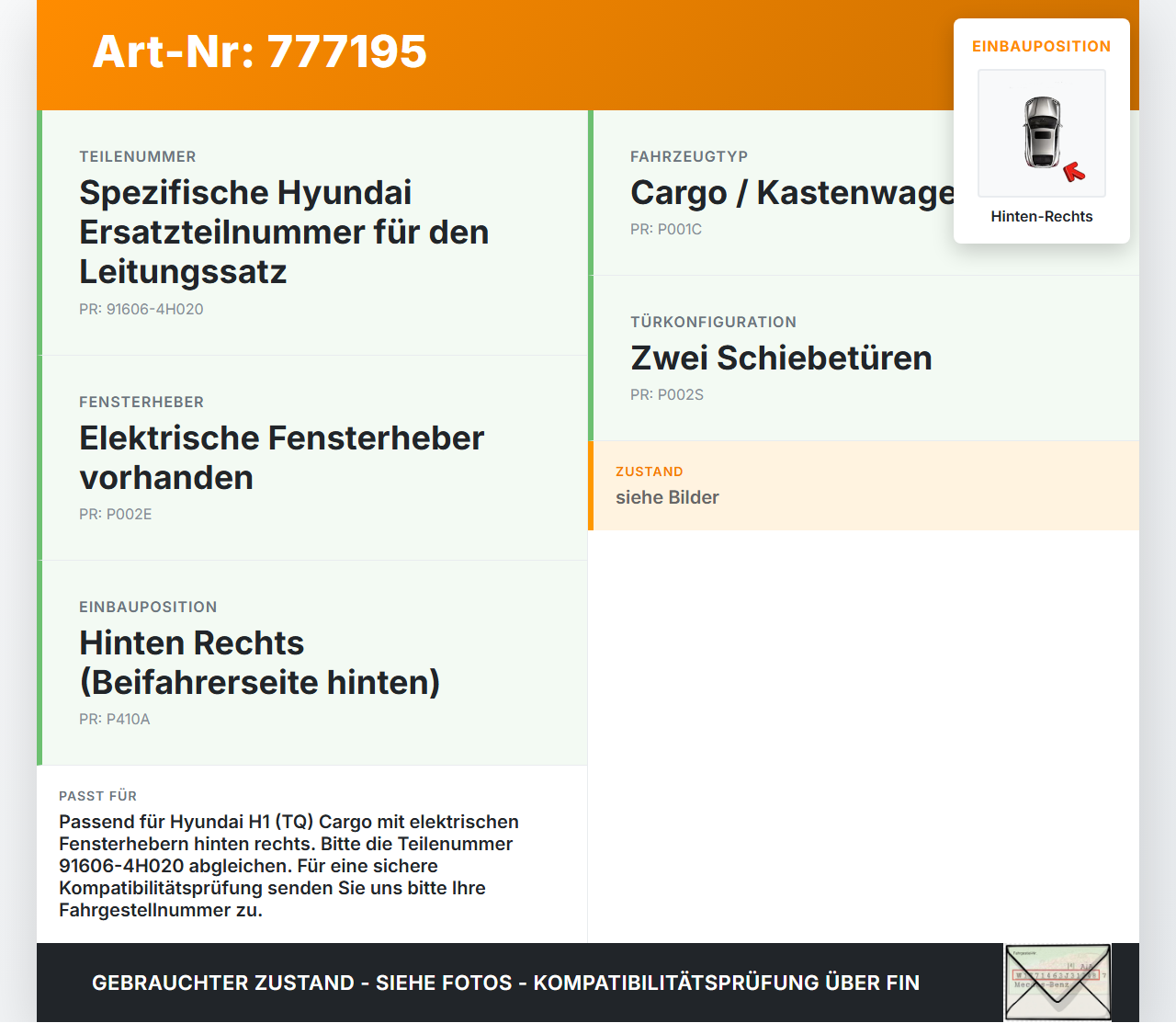 Hyundai H1 H-1 TQ 08-18 Cargo Kabelbaum Leitungssatz für Tür und Fensterheber Hinten Rechts Hyundai H1 H-1 TQ 08-18... Vorschau 3