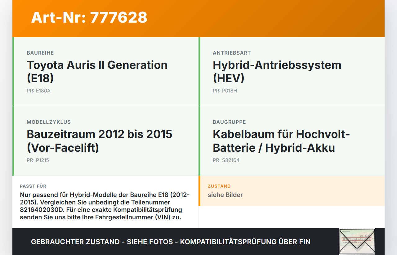 Toyota Auris II E18 12-15 Kabelbaum für Hybrid Akku Toyota Auris II E18 12-15 31.07.2013 8216402030D gebraucht Vorschau 3