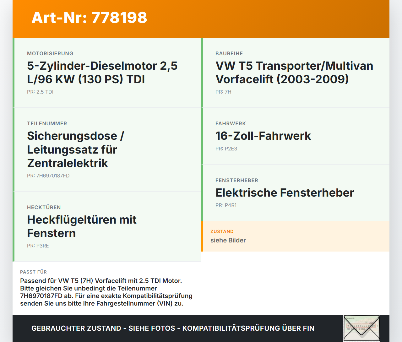 VW T5 7H 03-09 TDI 2,5 96KW Sicherungen Zentralelektrik VW T5 7H 03-09 27.01.2009 7H6970187FD gebraucht Vorschau 3