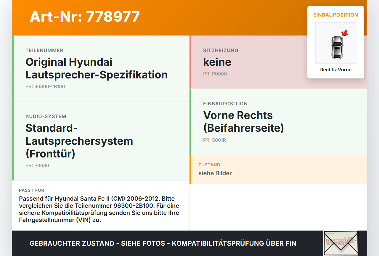 Hyundai Santa Fe II CM 06-12 Lautsprecher Rechts Vorne Hyundai Santa Fe II CM 06-12 22.02.2006 96300-2B100 gebraucht Vorschau 3