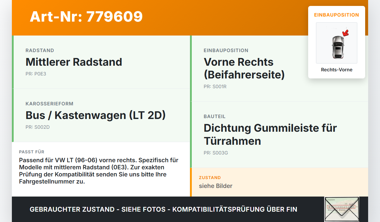 VW LT 2D 35 96-06 Bus Dichtung für Rahmen Tür Rechts Vorne VW LT 2D 35 96-06 06.02.2003 gebraucht Vorschau 3