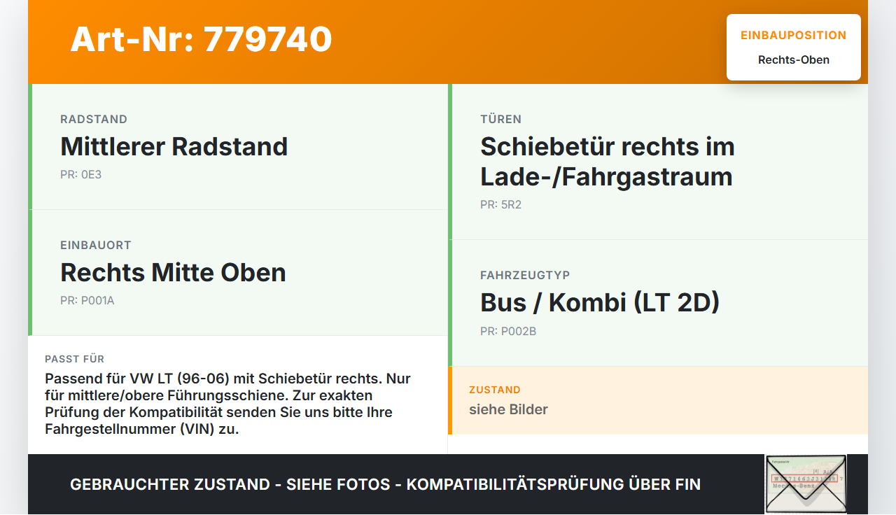 VW LT 2D 35 96-06 Bus Führungsrolle für Schiebetür Rechts Mitte Oben VW LT 2D 35 96-06 06.02.2003 90176010 gebraucht Vorschau 3