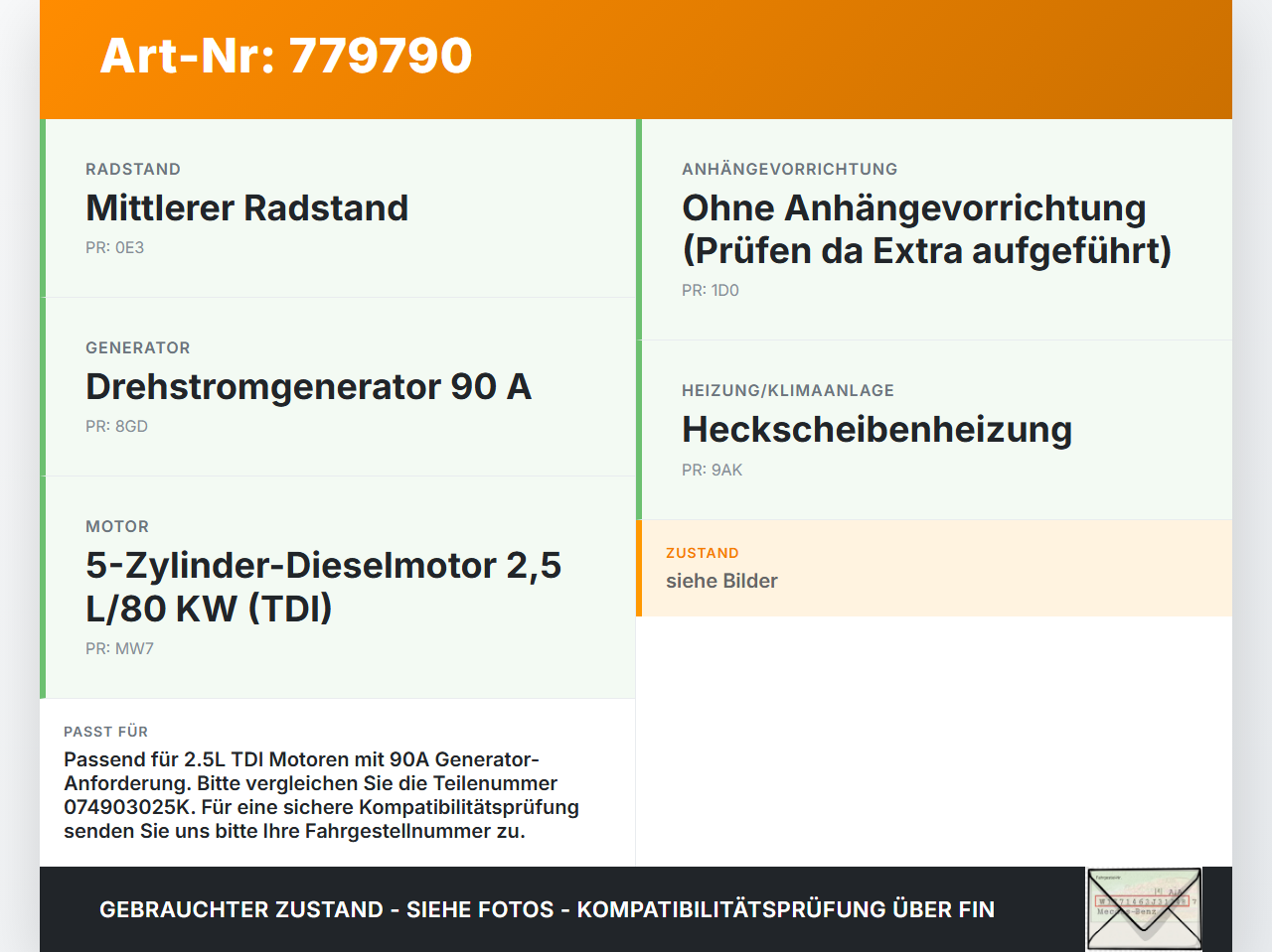 VW LT 2D 35 96-06 TDI 2,5 80KW Lichtmaschine Generator 90A 14V VW LT 2D 35 96-06 06.02.2003 074903025K gebraucht Vorschau 3