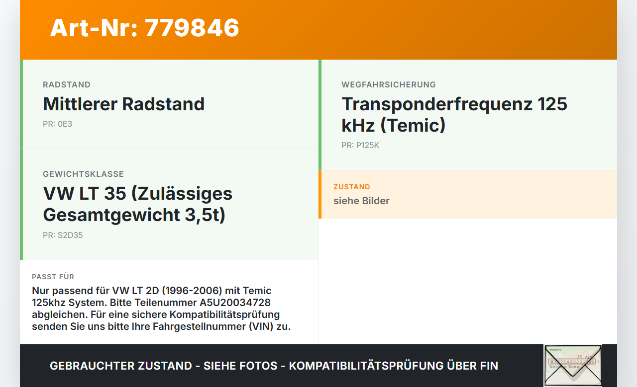 VW LT 2D 35 96-06 Steuergerät ECU Modul Temic 125khz VW LT 2D 35 96-06 06.02.2003 A5U20034728 gebraucht Vorschau 3