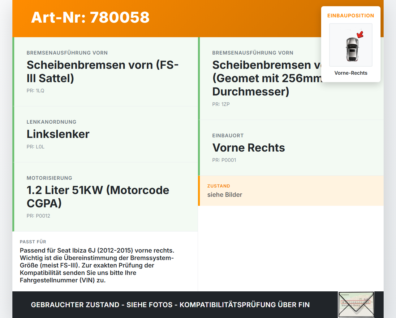 Seat Ibiza IV 6J 12-15  1,2 51KW Bremssattel Bremszange Vorne Rechts Seat Ibiza IV 6J 12-15 18.07.2013 gebraucht Vorschau 3