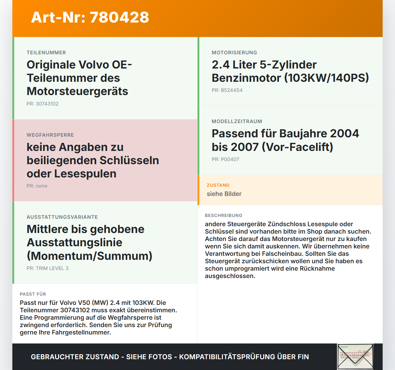 Volvo V50 MW 04-07 2.4 103KW Steuergerät ECU für Motor Motorsteuergerät Volvo V50 MW 04-07 27.02.2006 079700-9133... Vorschau 3