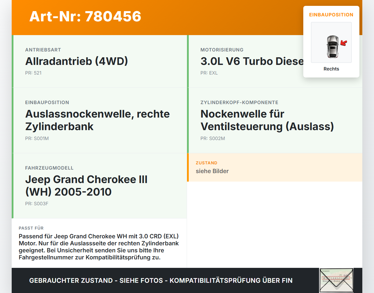 Jeep Grand Cherokee III WH 05-10  CRD 3,0  EXL 642.980 Nockenwelle Auslass Rechts Jeep Grand Cherokee III WH 05-10... Vorschau 3