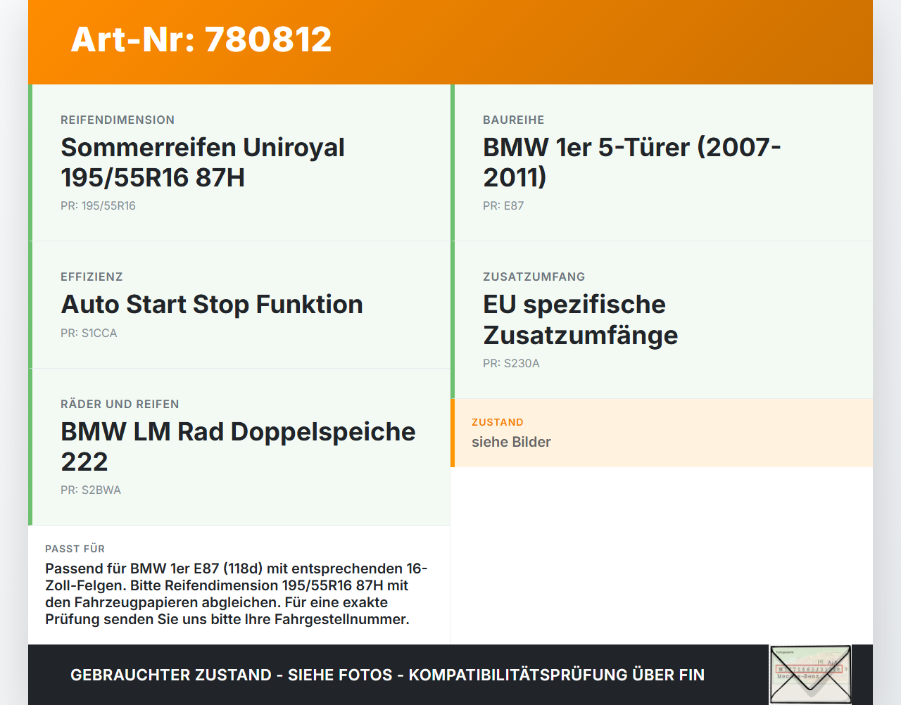 BMW E87 118d 07-11 LCI 4x Reifen Sommerreifen Uniroyal 195/55R16 87H 5.5-7.3mm BMW E87 118d 07-11 LCI 21.11.2007... Vorschau 3