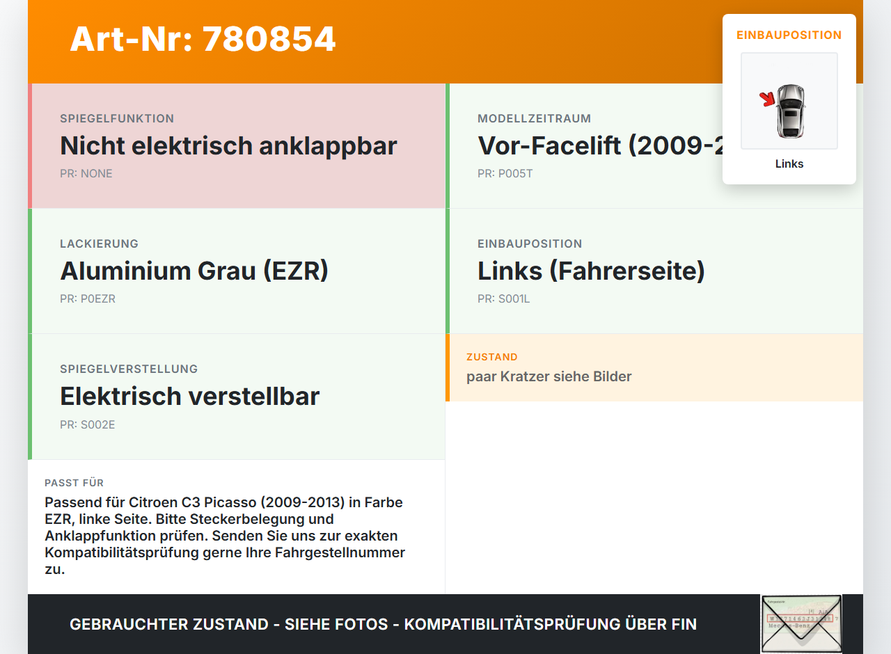 Citroen C3 Picasso 09-13 Spiegel Aussenspiegel Links EZR Citroen C3 Picasso 09-13 31.07.2009 gebraucht Vorschau 3