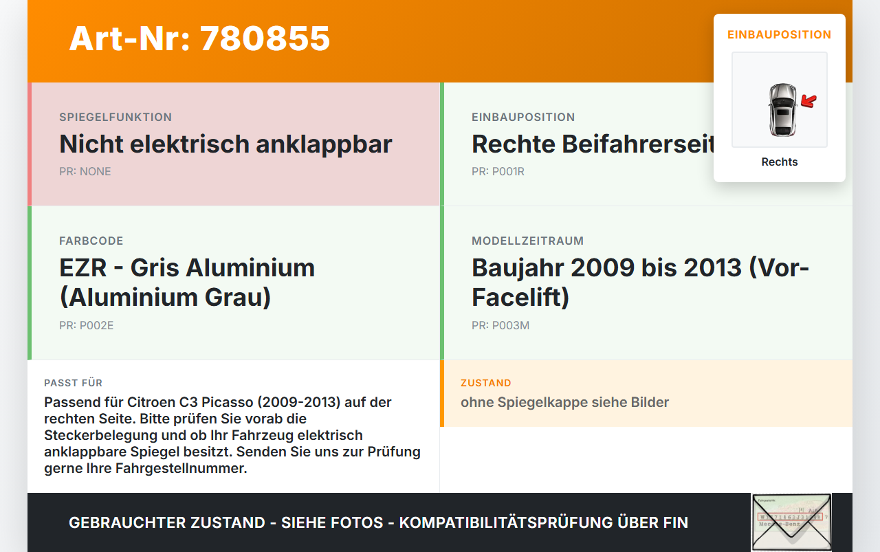 Citroen C3 Picasso 09-13 Spiegel Aussenspiegel Rechts EZR Citroen C3 Picasso 09-13 31.07.2009 gebraucht Vorschau 3