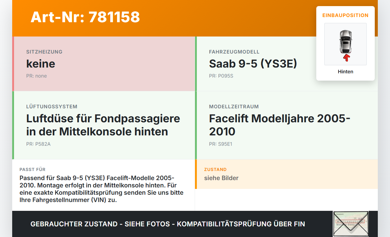 Saab 9-5 YS3E 05-10 Luftdusche Luftdüse Mitte Hinten Saab 9-5 YS3E 05-10 01.02.2007 gebraucht Vorschau 3