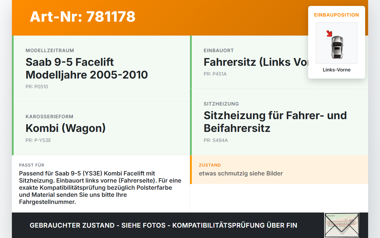 Saab 9-5 YS3E 05-10 Kombi Sitzpolster für Fahrersitz Sitz Links Vorne Saab 9-5 YS3E 05-10 01.02.2007 gebraucht Vorschau 3