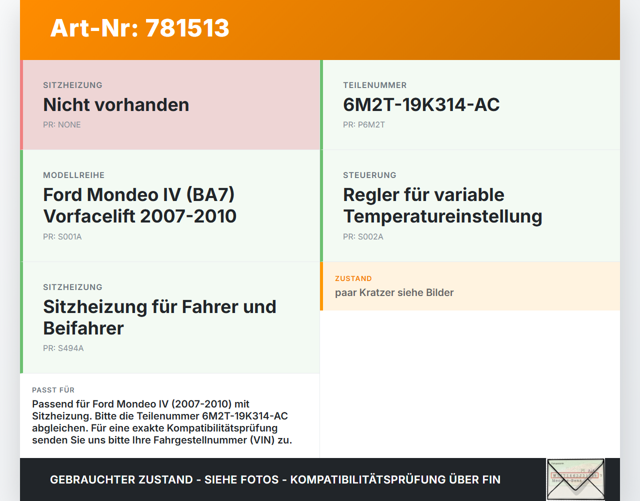 Ford Mondeo IV BA7 07-10 Sitzheizung Schalter Regler Ford Mondeo IV BA7 07-10 25.01.2009 6M2T-19K314-AC gebraucht Vorschau 3