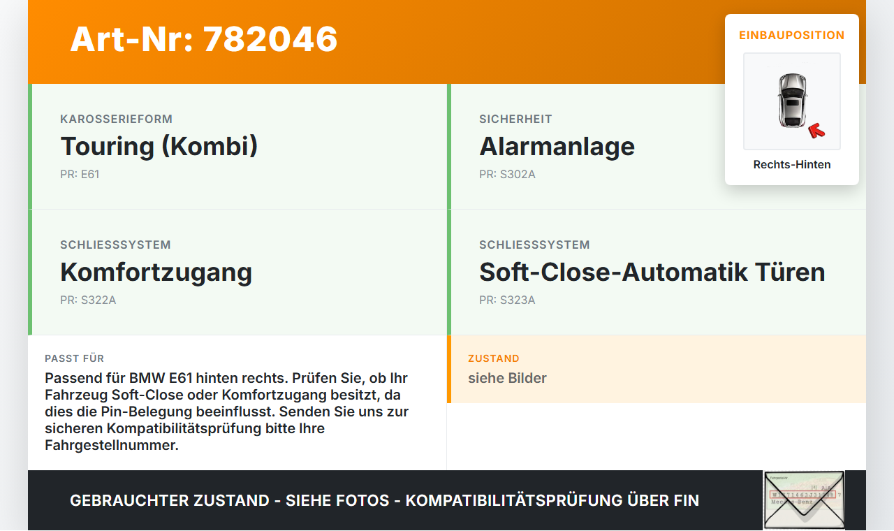 BMW E61 530d 04-07 Kombi Türschloss m. ZV Stellmotor Rechts Hinten BMW E61 530d 04-07 24.01.2005 7167070 gebraucht Vorschau 3