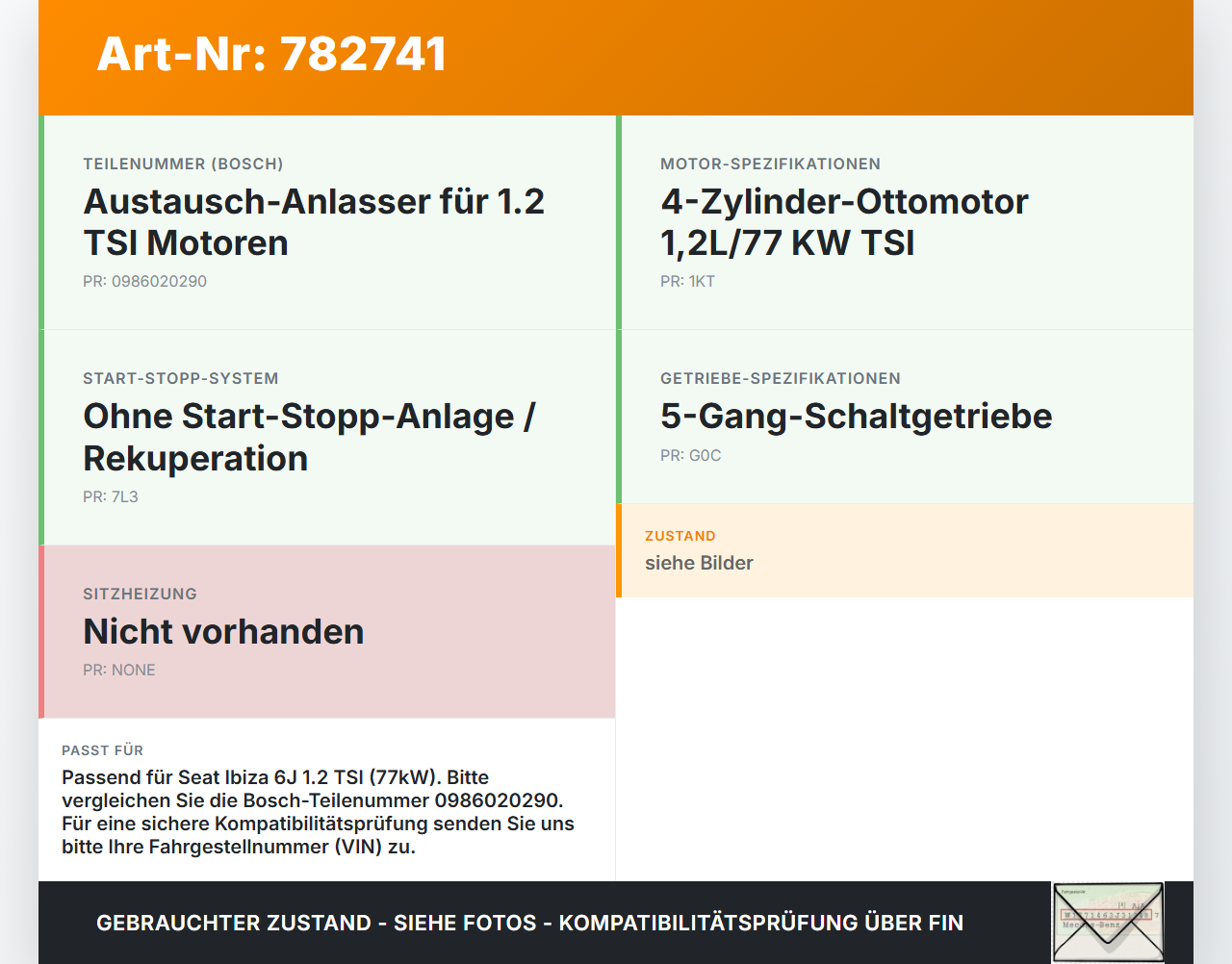 Seat Ibiza SC 6J 08-12 TSI 1,2 77KW Anlasser Starter Seat Ibiza SC 6J 08-12 28.04.2011 0986020290 gebraucht Vorschau 3