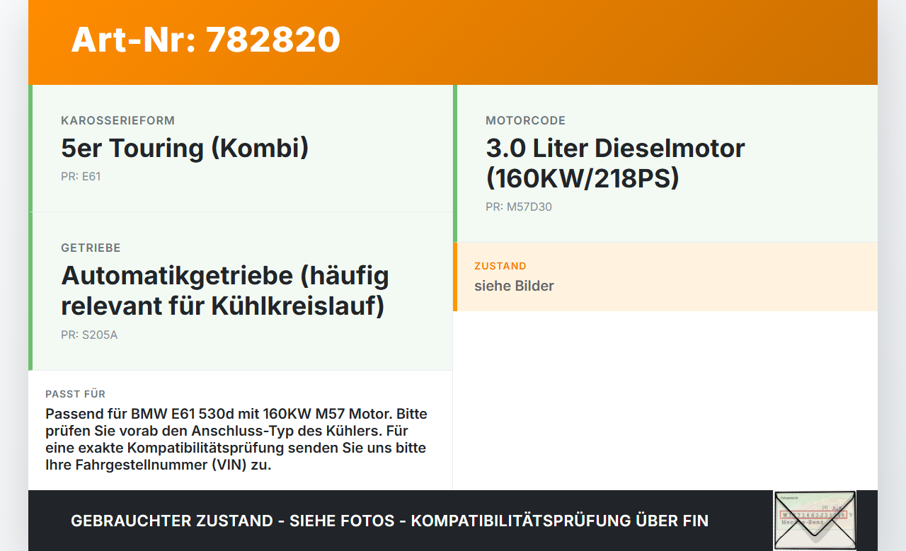 BMW E61 530d 04-07 3,0d 160KW Ölkühler BMW E61 530d 04-07 24.01.2005 gebraucht Vorschau 3