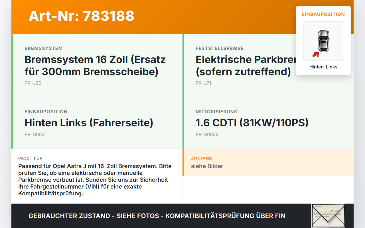 Opel Astra J 11-18 CDTI 1,6 81KW Bremssattel Bremszange Hinten Links Opel Astra J 11-18 05.10.2011 gebraucht Vorschau 3