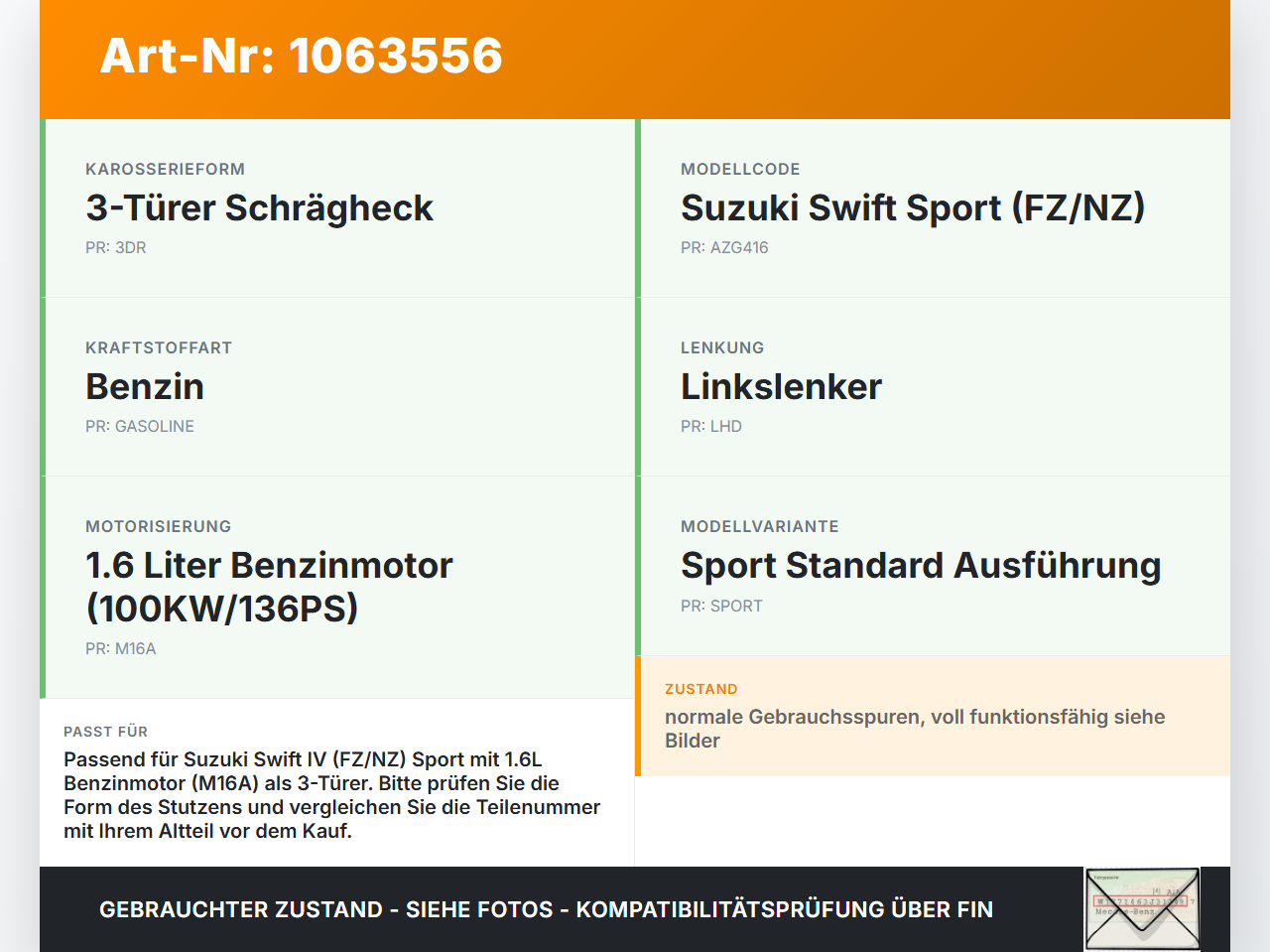 Suzuki Swift IV FZ NZ 12-17 1,6 100KW Einfüllstutzen Tankstutzen Karaftstoff Suzuki Swift IV FZ NZ 12-17 04.07.2016... Vorschau 3