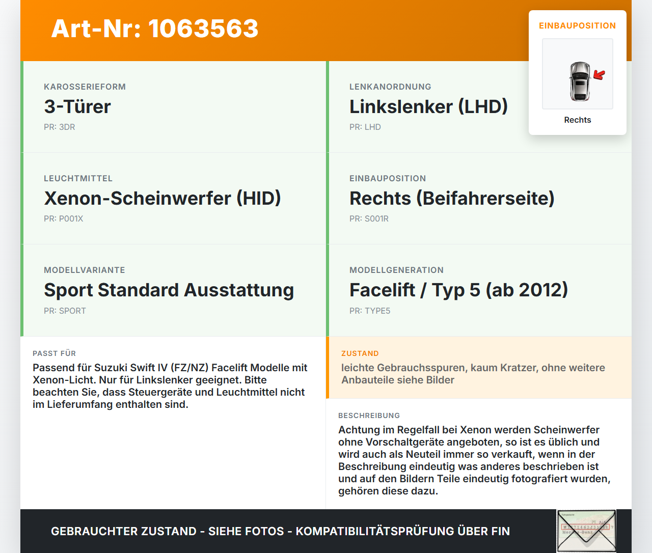 Suzuki Swift IV FZ NZ 12-17 Scheinwerfer Frontscheinwerfer Xenon Rechts orig. Suzuki Swift IV FZ NZ 12-17... Vorschau 3