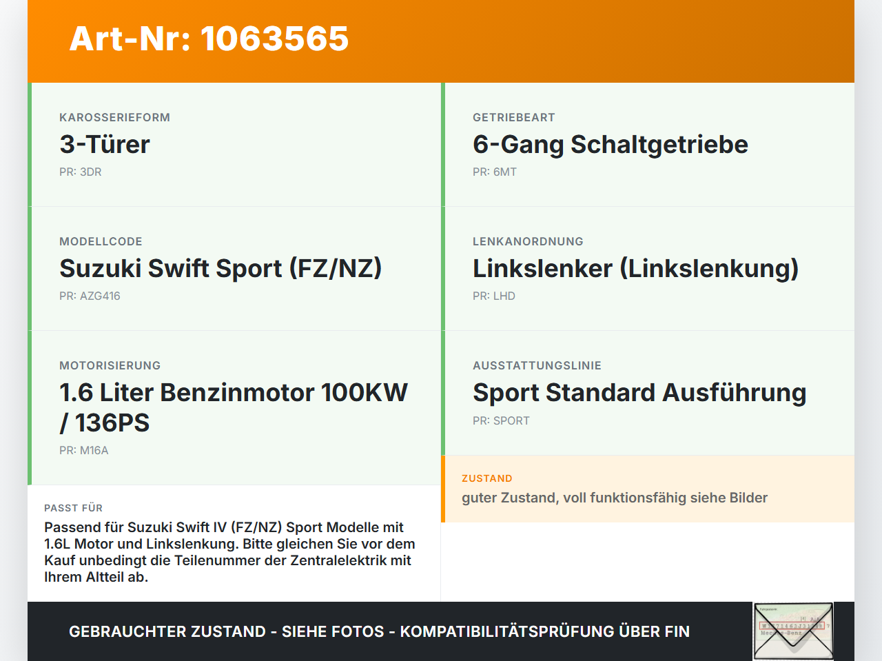 Suzuki Swift IV FZ NZ 12-17 1,6 100KW Sicherungskasten Zentralelektrik Suzuki Swift IV FZ NZ 12-17 04.07.2016... Vorschau 3