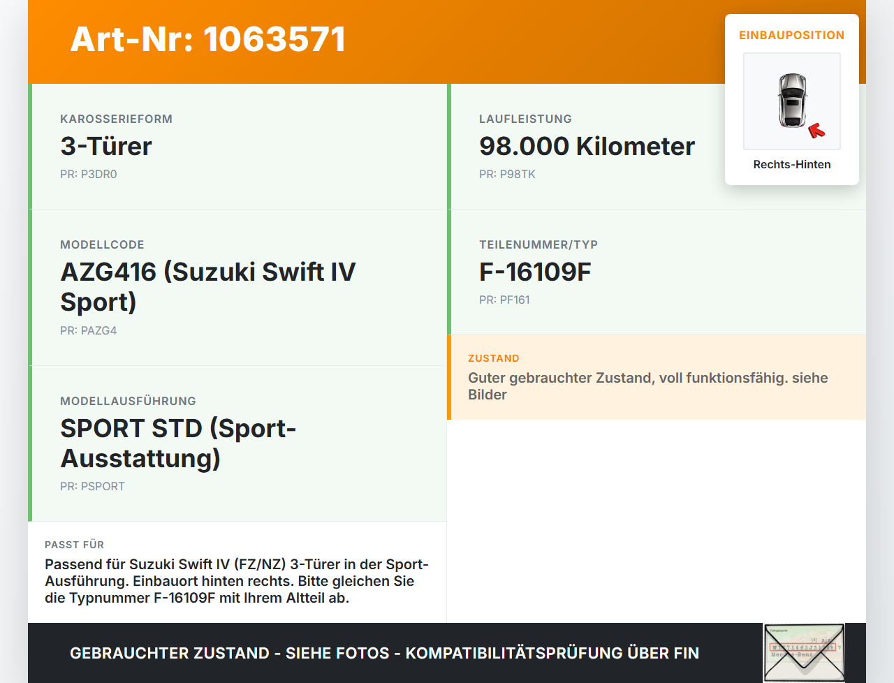 Suzuki Swift IV FZ NZ 12-17 Lautsprecher Rechts Hinten Suzuki Swift IV FZ NZ 12-17 04.07.2016 F-16109F gebraucht Vorschau 3