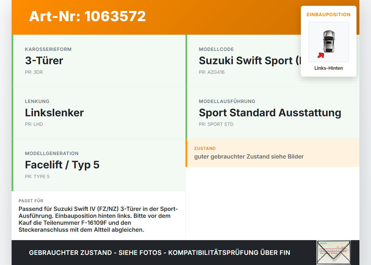 Suzuki Swift IV FZ NZ 12-17 Lautsprecher Tieftöner Links Hinten Suzuki Swift IV FZ NZ 12-17 04.07.2016 F-16109F... Vorschau 3