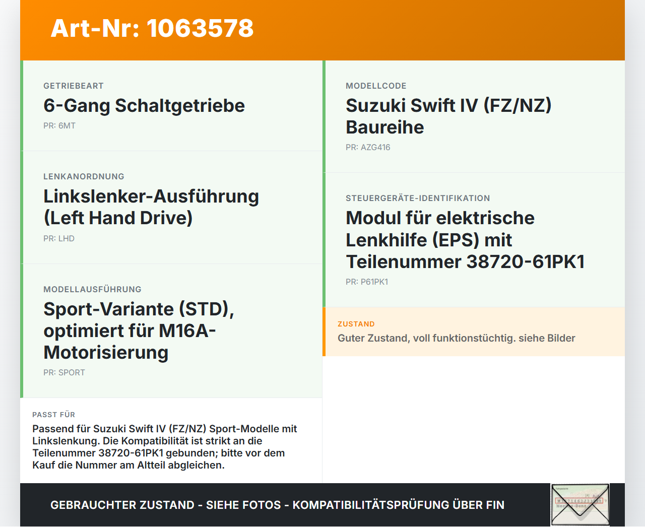 Suzuki Swift IV FZ NZ 12-17 Steuergerät ECU Modul für Lenkhilfe Suzuki Swift IV FZ NZ 12-17 04.07.2016 38720-61PK1... Vorschau 3