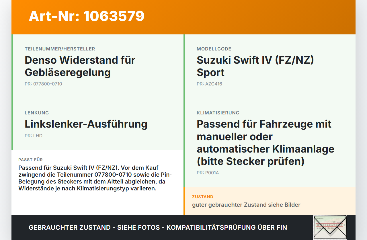 Suzuki Swift IV FZ NZ 12-17 Widerstand Gebläse Lüfter Suzuki Swift IV FZ NZ 12-17 04.07.2016 077800-0710 gebraucht Vorschau 3