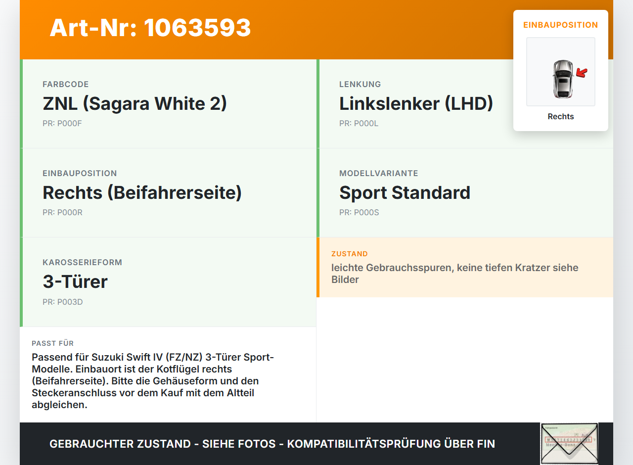 Suzuki Swift IV FZ NZ 12-17 Blinker Blinkleuchte Rechts für Kotflügel Suzuki Swift IV FZ NZ 12-17 04.07.2016 gebraucht Vorschau 3