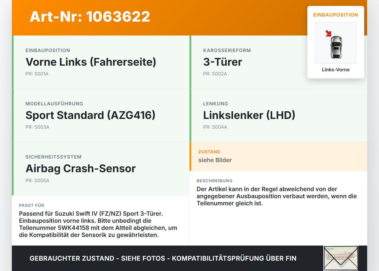 Suzuki Swift IV FZ NZ 12-17 Sensor für Airbag Crashsensor Airbagsensor Links Vorne Suzuki Swift IV FZ NZ 12-17... Vorschau 3