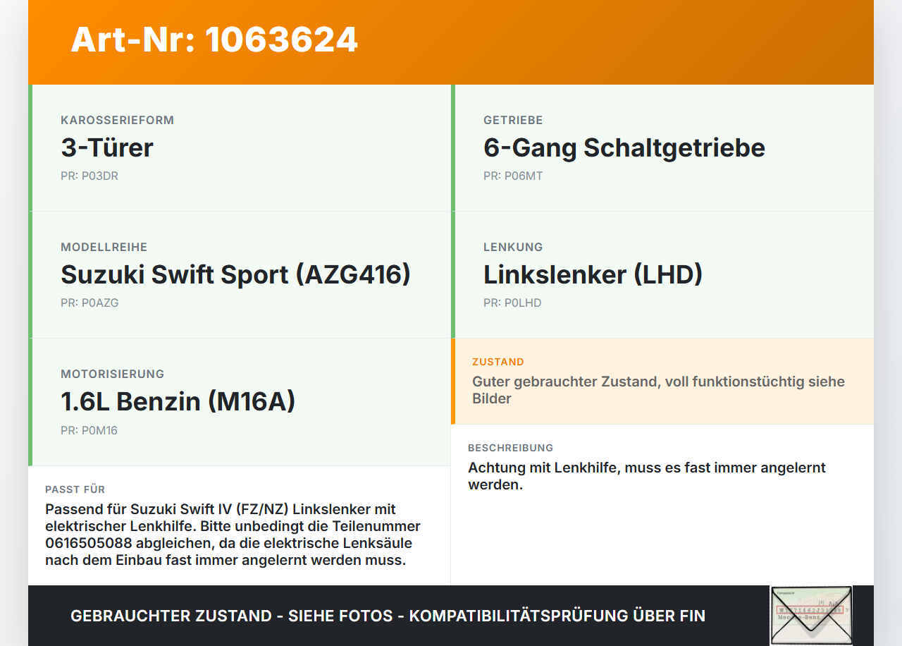 Suzuki Swift IV FZ NZ 12-17 Lenkhilfe Lenksäule elektrisch Suzuki Swift IV FZ NZ 12-17 04.07.2016 48200-60P90... Vorschau 3