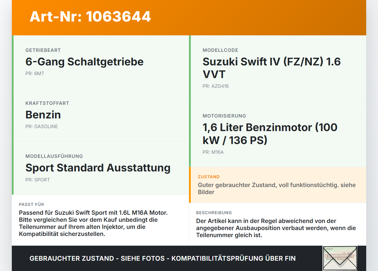 Suzuki Swift IV FZ NZ 12-17 1,6 100KW Injektor Einspritzdüse Rail Zyl.2 Suzuki Swift IV FZ NZ 12-17 04.07.2016... Vorschau 3
