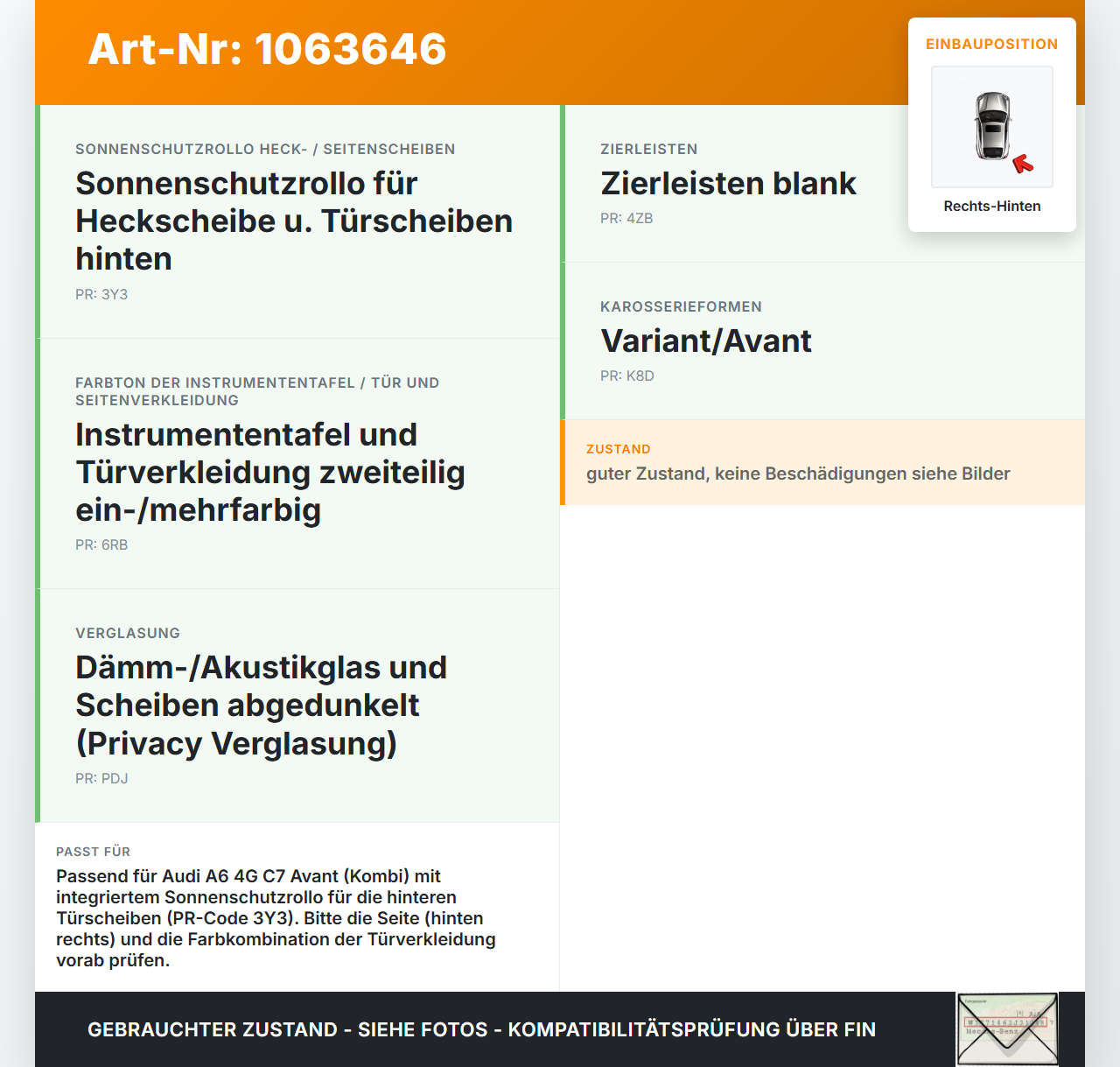 Audi A6 4G C7 11-14 qu Sonnenschutzrollo Rollo für Tür Rechts Hinten Audi A6 4G C7 11-14 qu 31.01.2012 4G0880380RH... Vorschau 3