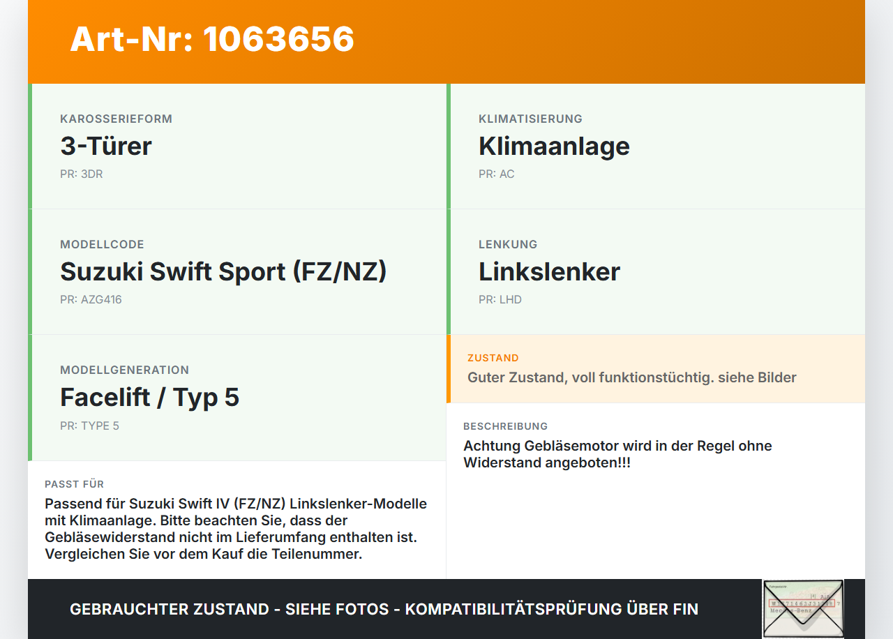 Suzuki Swift IV FZ NZ 12-17 Gebläsemotor Lüftermotor Heizungsgebläse Suzuki Swift IV FZ NZ 12-17 04.07.2016 gebraucht Vorschau 3