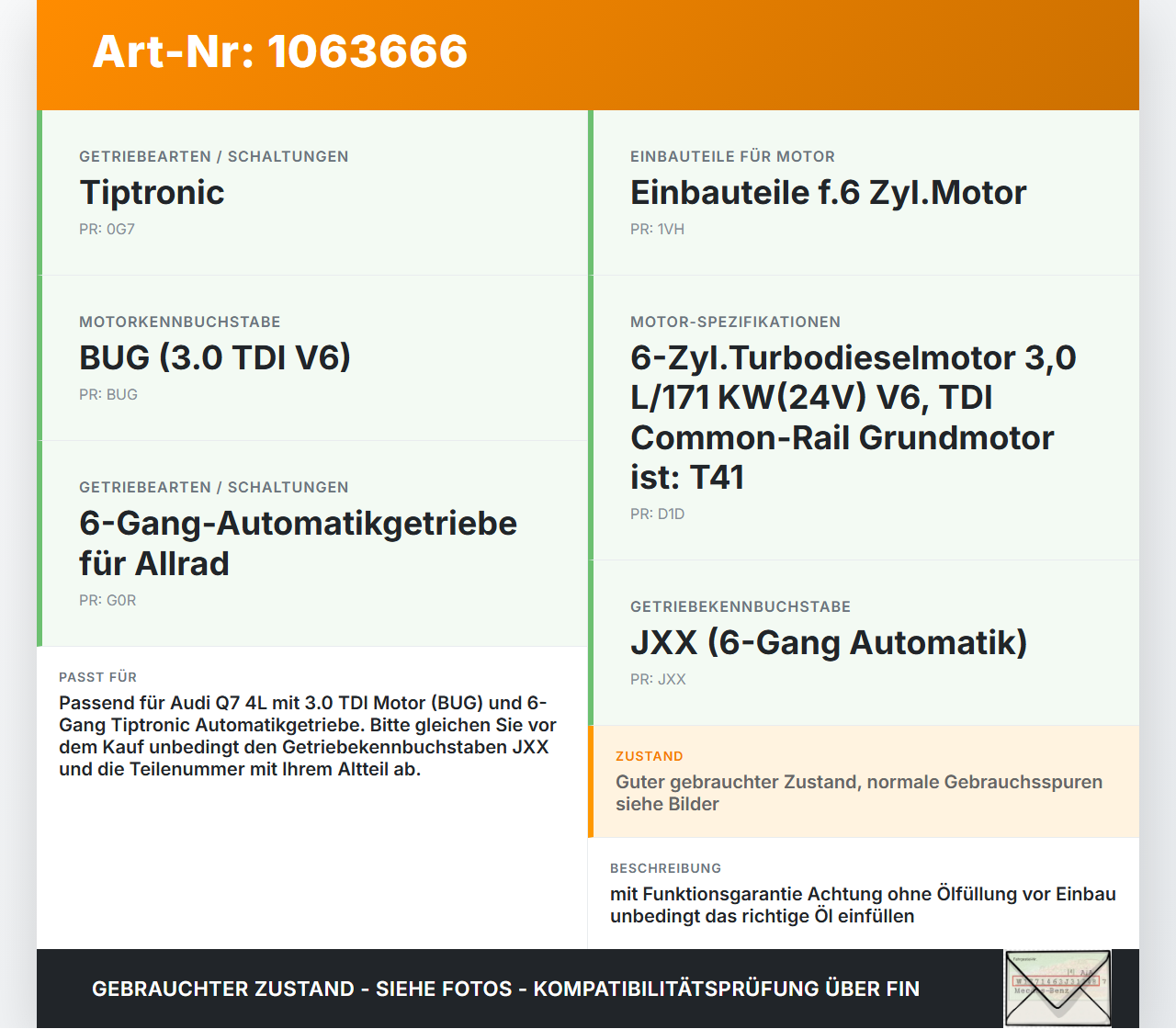 Audi Q7 4L 05-09 TDI 3,0 171KW 4WD JXX Automatikgetriebe Getriebe ohne Wandler JXX TR-60SN Audi Q7 4L 05-09... Vorschau 3