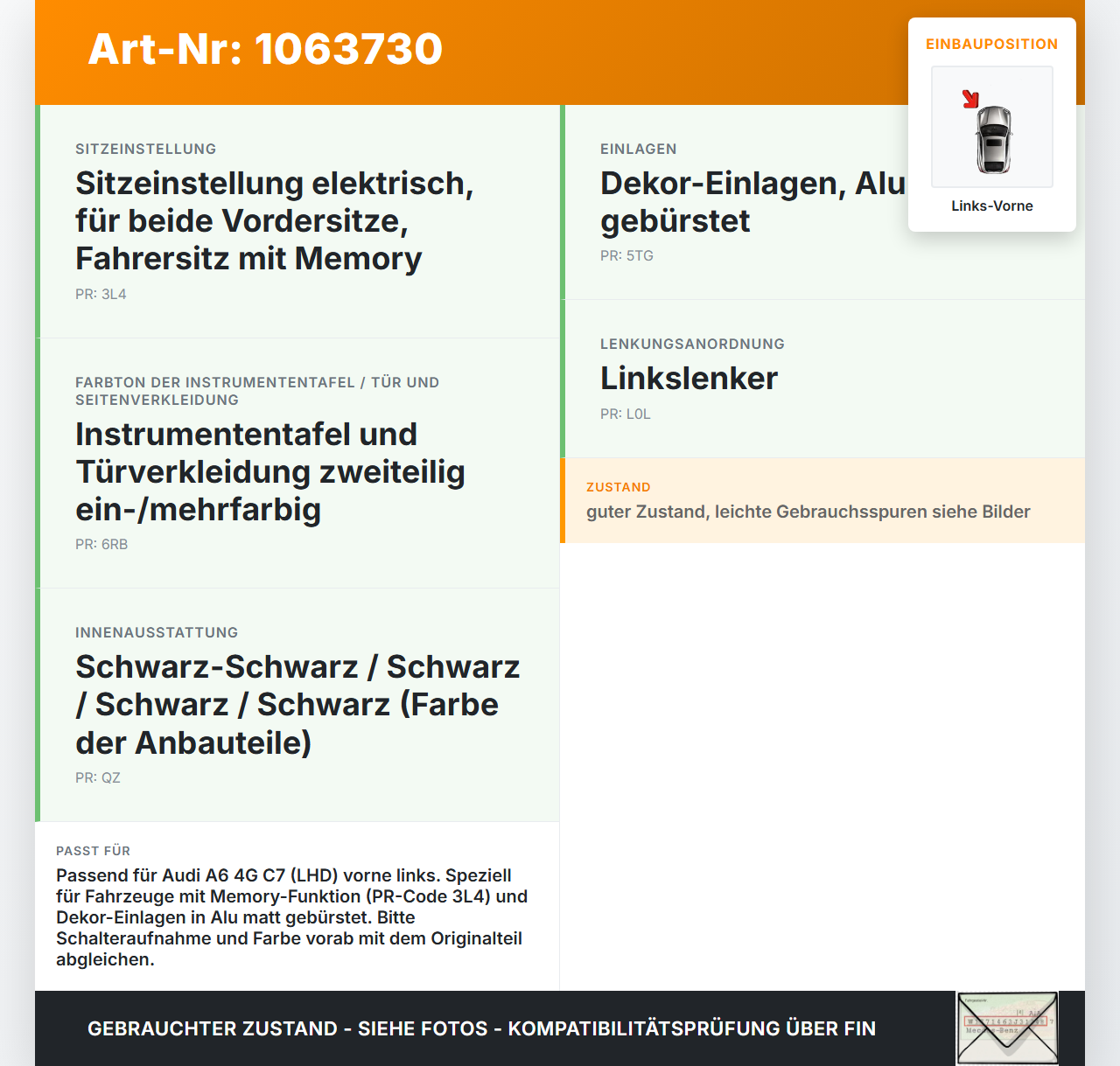 Audi A6 4G C7 11-14 qu Kombi Türgriff Griff Griffmuschel Innen Links Vorne Memory Schalter Audi A6 4G C7 11-14 qu... Vorschau 3