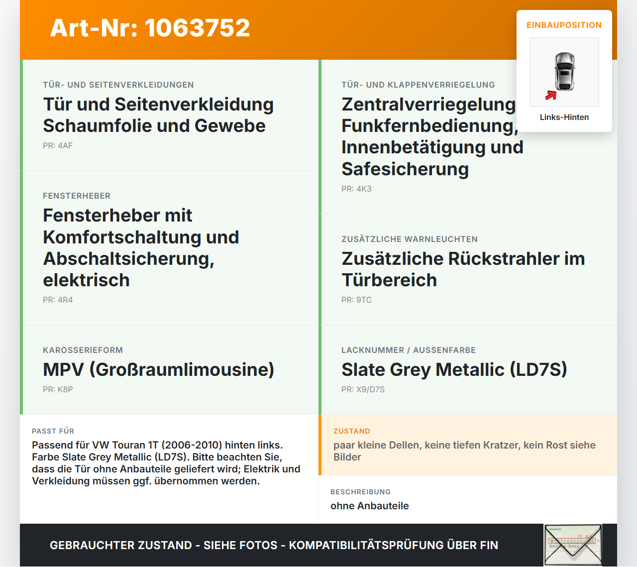 VW Touran 1T 06-10 Tür Links Hinten LD7S VW Touran 1T 06-10 06.08.2007 gebraucht Vorschau 3