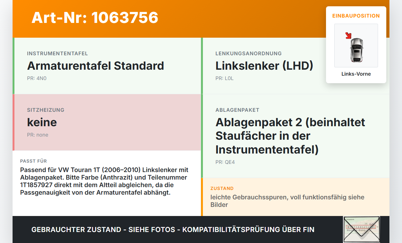 VW Touran 1T 06-10 Ablagefach Staufach Fach Links Vorne VW Touran 1T 06-10 06.08.2007 1T1857927 gebraucht Vorschau 3
