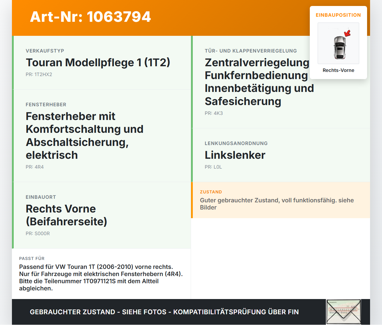 VW Touran 1T 06-10 Fensterheber o. FH-Motor Rechts Vorne VW Touran 1T 06-10 06.08.2007 1T0971121S gebraucht Vorschau 3