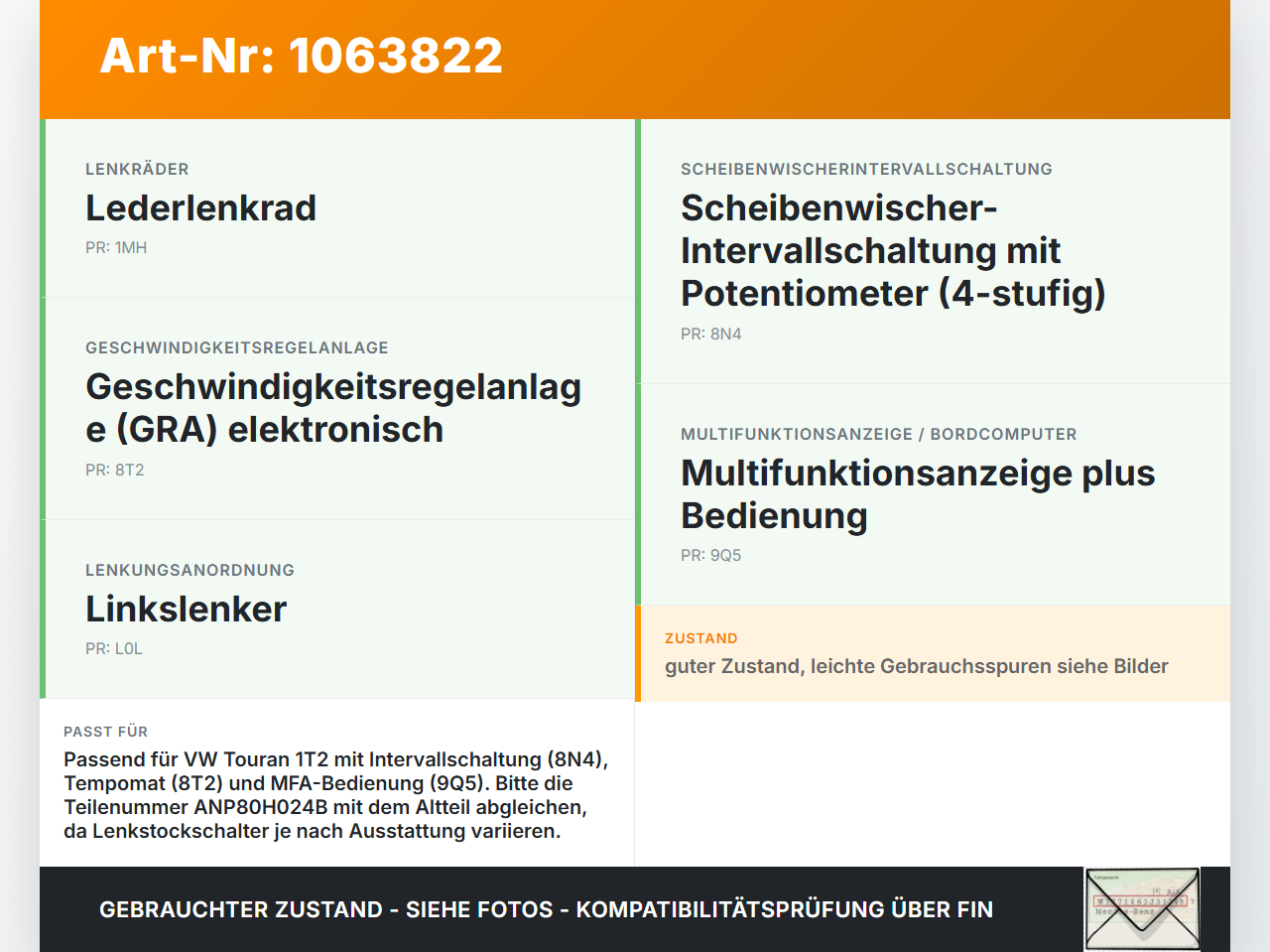 VW Touran 1T 06-10 Lenkstockschalter Wischerschalter Wischer VW Touran 1T 06-10 06.08.2007 1K0953519A ANP80H024B... Vorschau 3